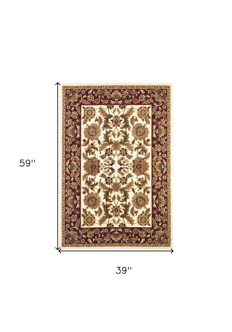3' X 5' Ivory And Red Floral Area Rug