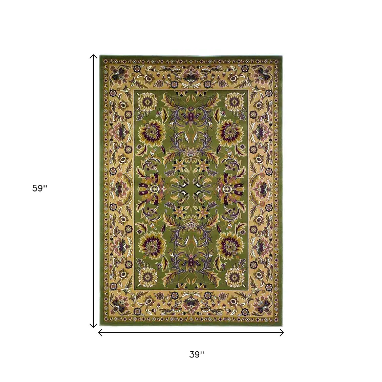 3' X 5' Green And Taupe Floral Area Rug