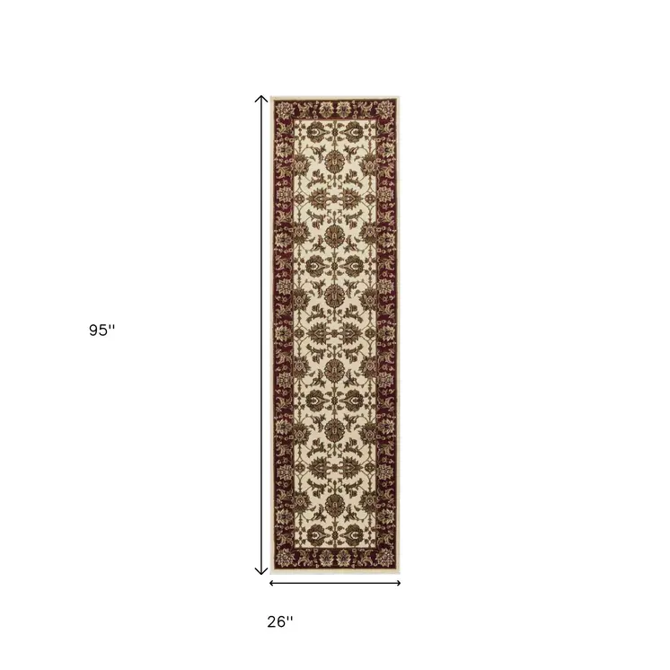 8' Red And Ivory Floral Medallion Runner Rug