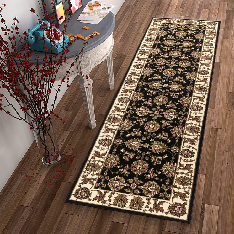 8' Black And Ivory Floral Runner Rug