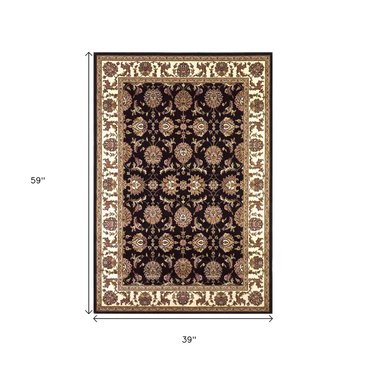 3' X 5' Black And Ivory Floral Area Rug