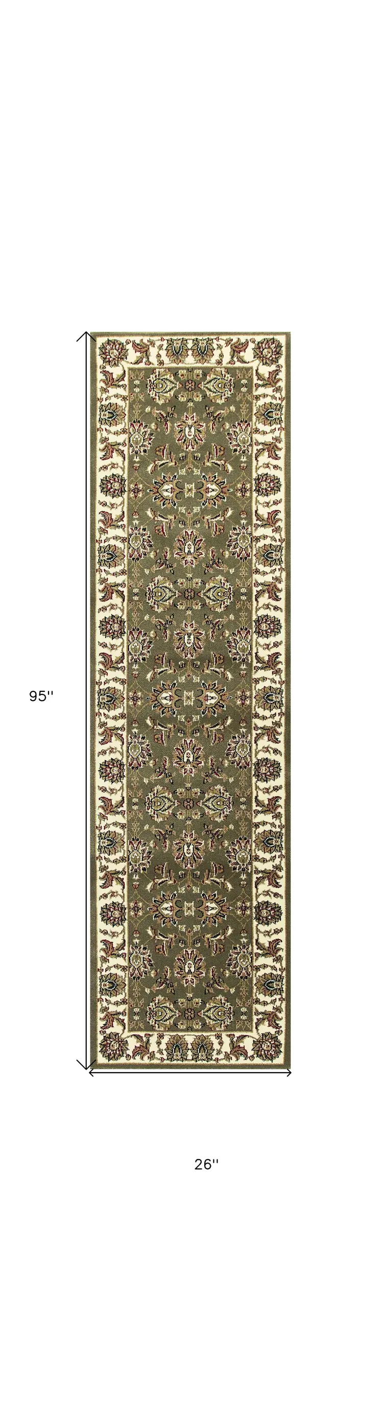8' Green And Ivory Floral Runner Rug