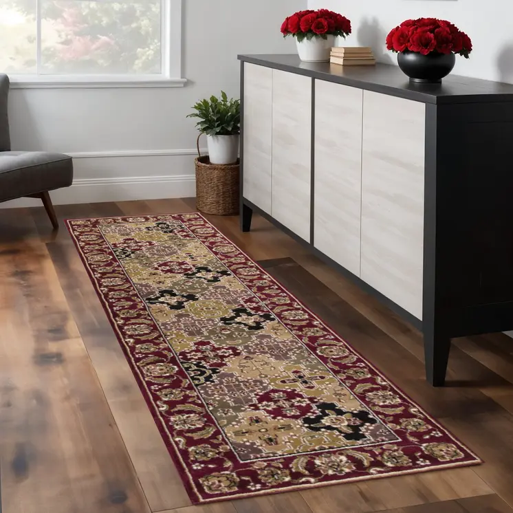 8' Red Orange And Black Floral Runner Rug