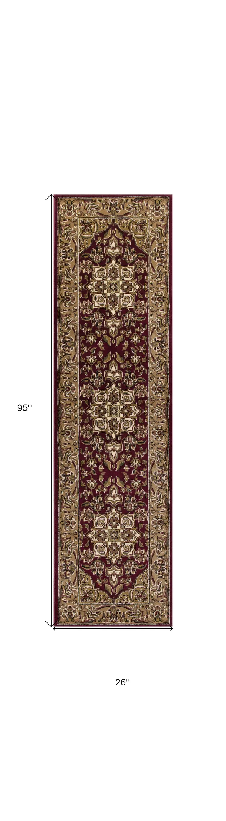 8' Red And Beige Floral Medallion Runner Rug