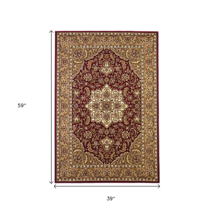 3' X 5' Red And Beige Floral Medallion Area Rug