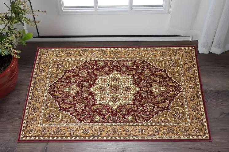 3' X 5' Red And Beige Floral Medallion Area Rug