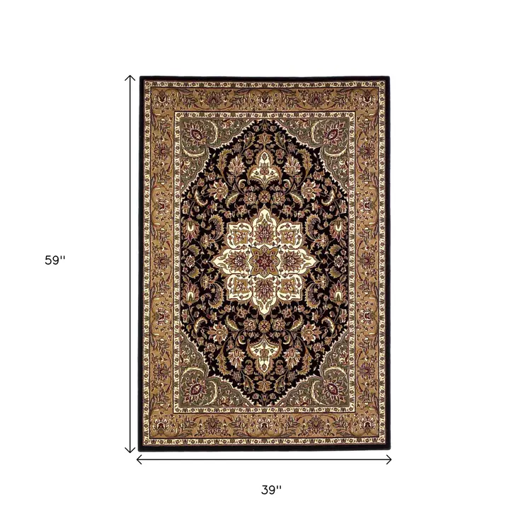 3' X 5' Black And Beige Floral Medallion Area Rug