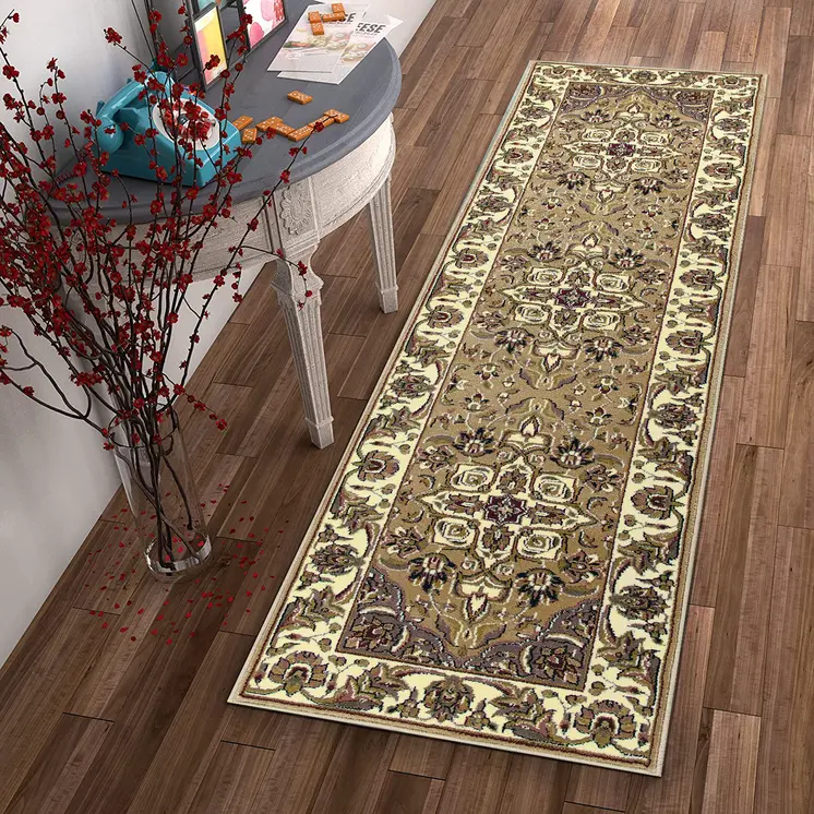 8' Beige And Ivory Floral Runner Rug