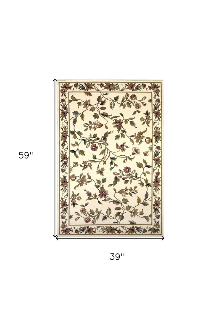 3' X 5' Ivory And Green Floral Vines Area Rug