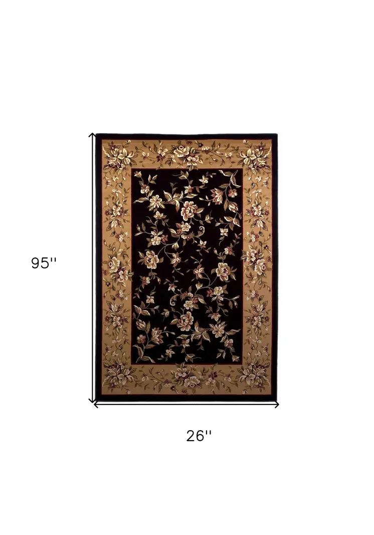 8' Beige And Black Floral Vines Runner Rug