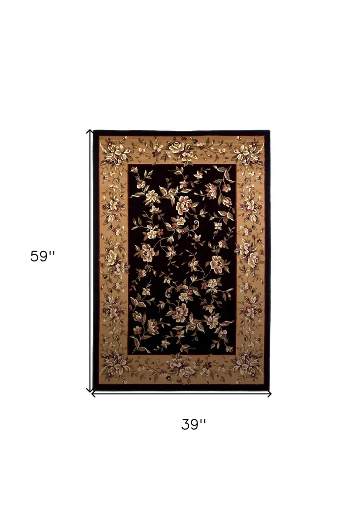 3' X 5' Black And Beige Floral Vines Area Rug