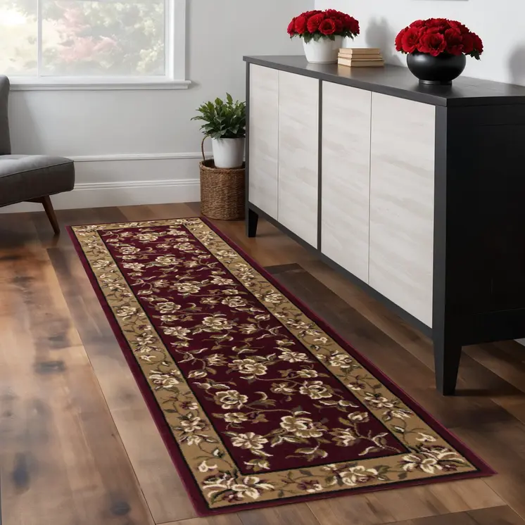 8' Red And Beige Floral Runner Rug
