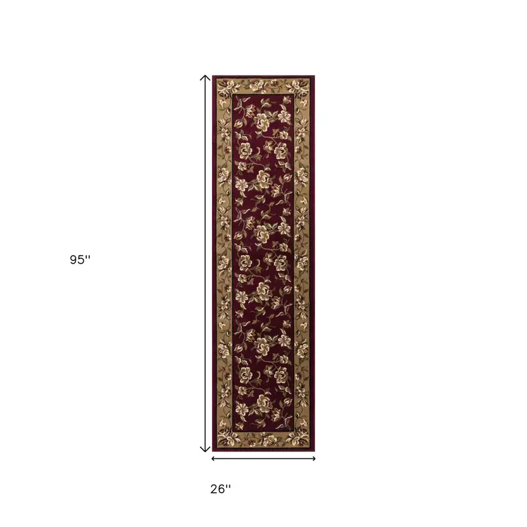 8' Red And Beige Floral Runner Rug