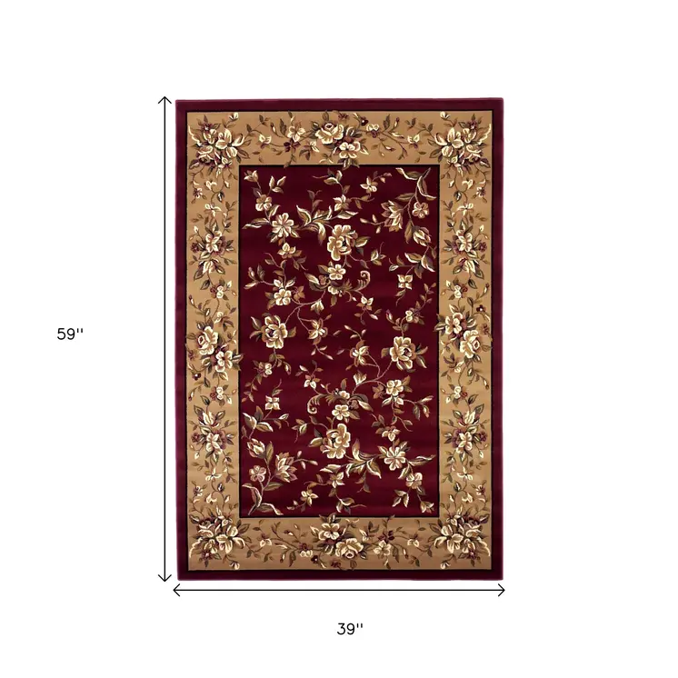 3' X 5' Red And Beige Floral Area Rug