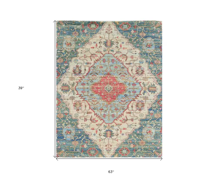 3' X 5' Blue and Beige Medallion Hand Woven Area Rug