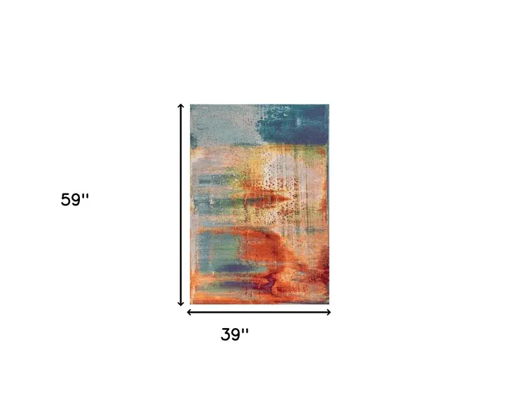 3' X 5' Ivory And Blue Abstract Area Rug