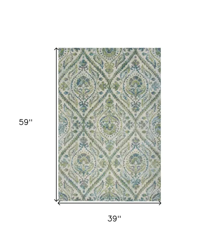 3' X 5' Green And Ivory Ogee Area Rug