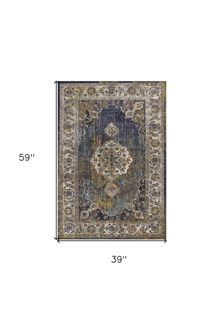 3' X 5' Navy Blue Medallion Area Rug