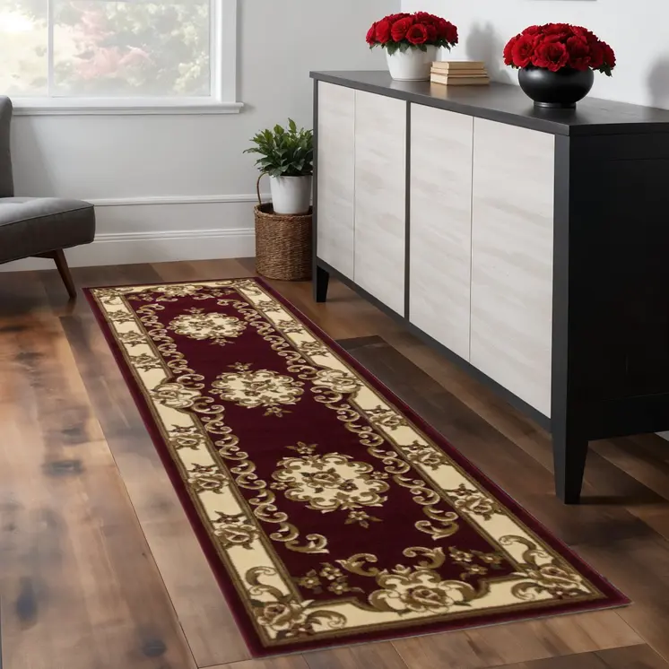 8' Red and Ivory Floral Border Runner Rug