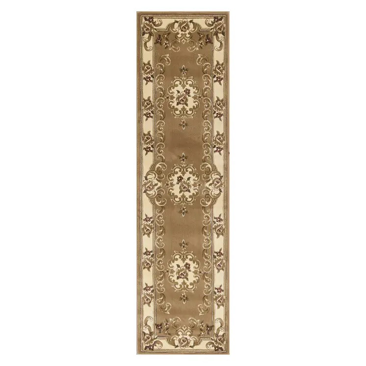 8' Beige And Ivory Medallion Runner Rug