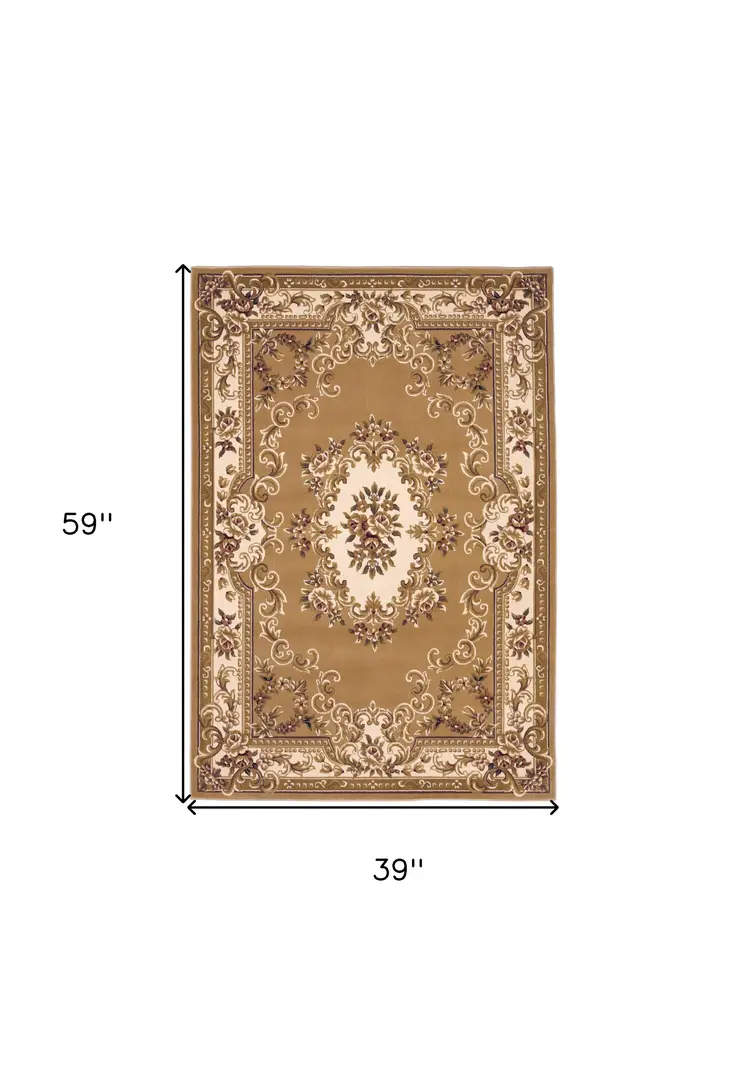 3' X 5' Beige And Ivory Floral Medallion Area Rug