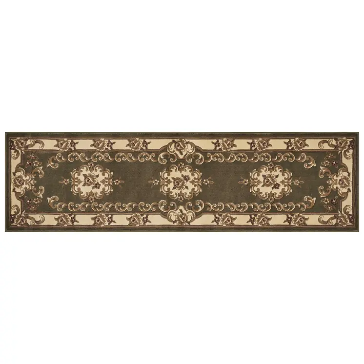 8' Green and Ivory Medallion Runner Rug