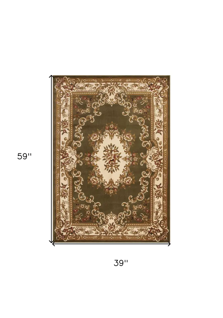 3' X 5' Green And Ivory Floral Medallion Area Rug