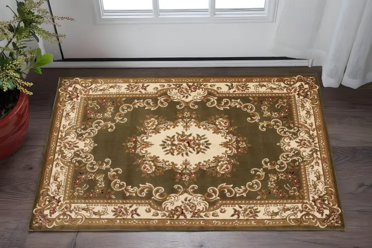 3' X 5' Green And Ivory Floral Medallion Area Rug