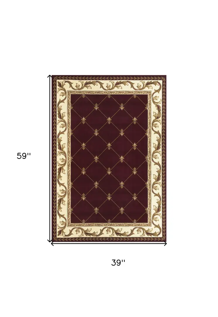 3' X 5' Red And Ivory Floral Vines Area Rug