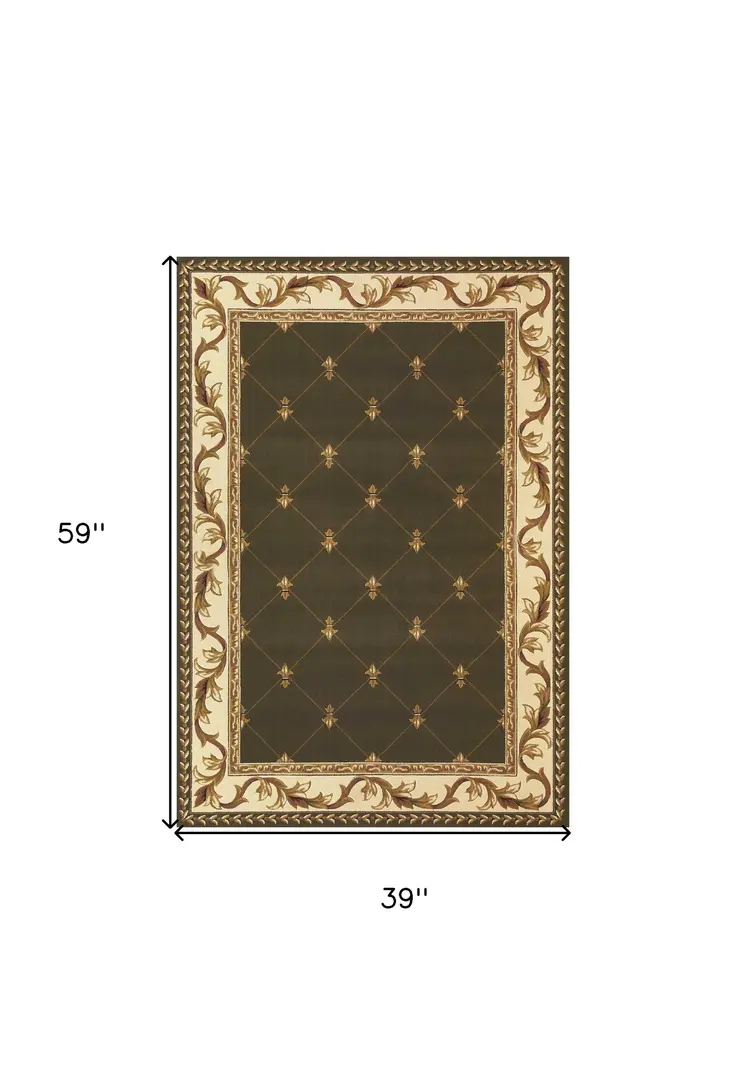 3' X 5' Dark Green And Ivory Floral Medallion Area Rug