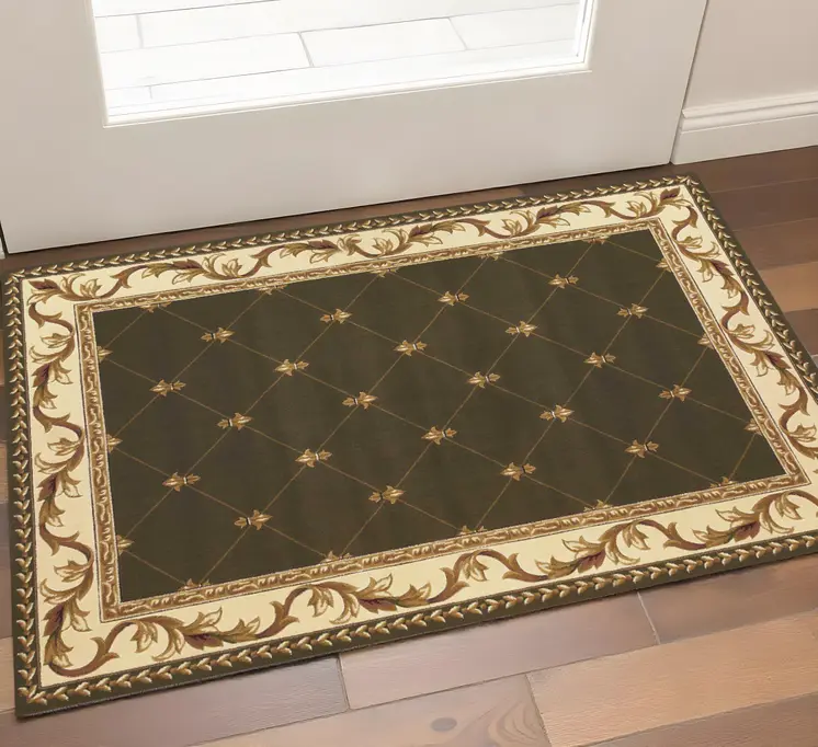 3' X 5' Dark Green And Ivory Floral Medallion Area Rug