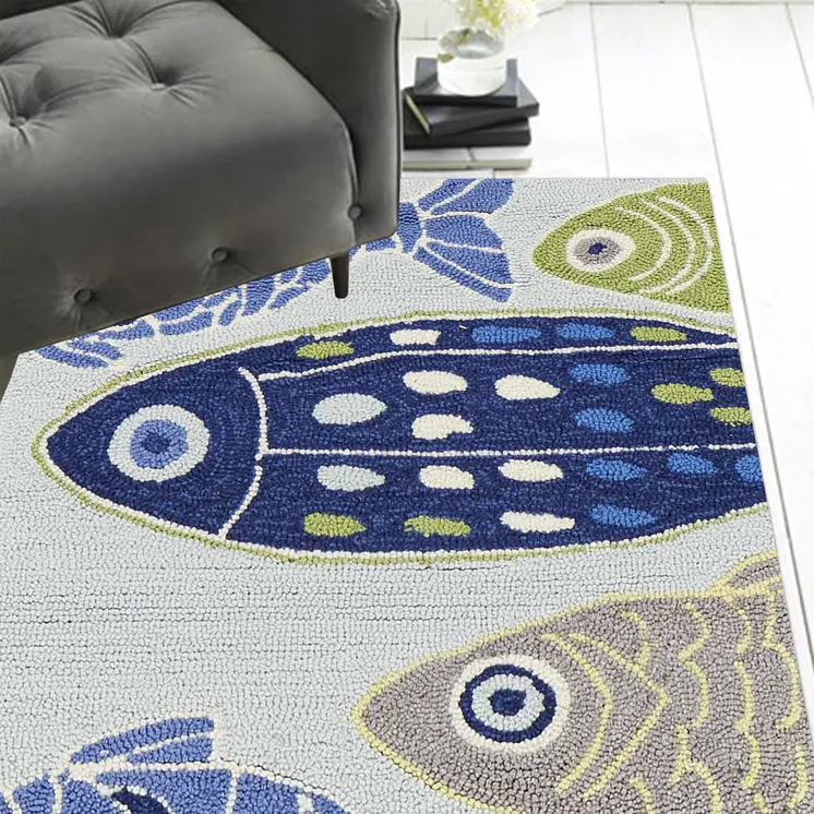 8' Blue and Green Fish Hand Tufted Runner Rug