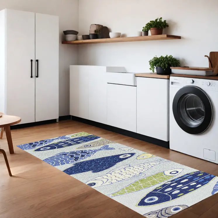 8' Blue and Green Fish Hand Tufted Runner Rug