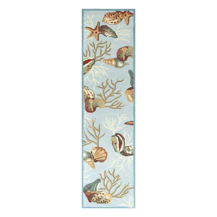 8' Blue Seashell and Coral Hand Tufted Runner Rug
