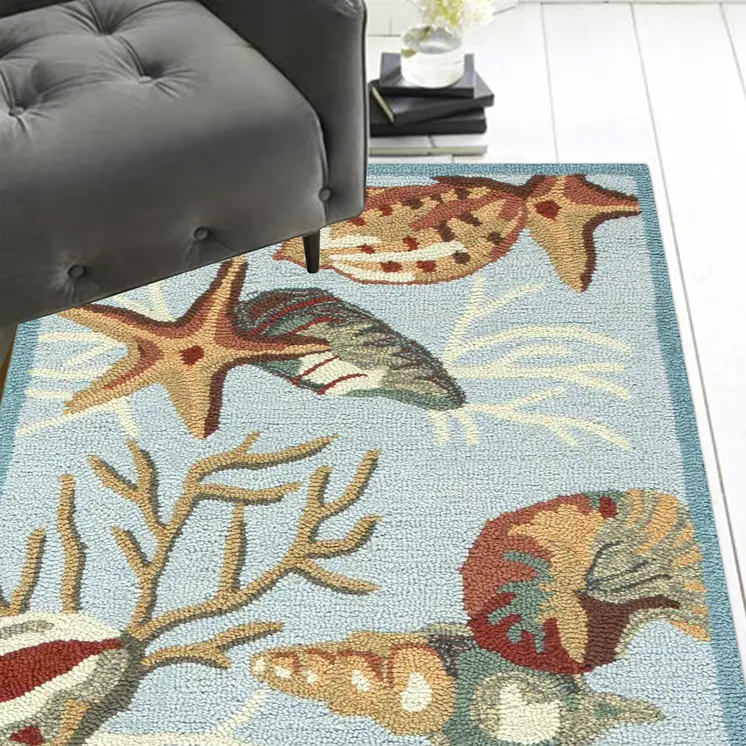 8' Blue Seashell and Coral Hand Tufted Runner Rug