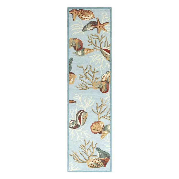 8' Blue Seashell and Coral Hand Tufted Runner Rug
