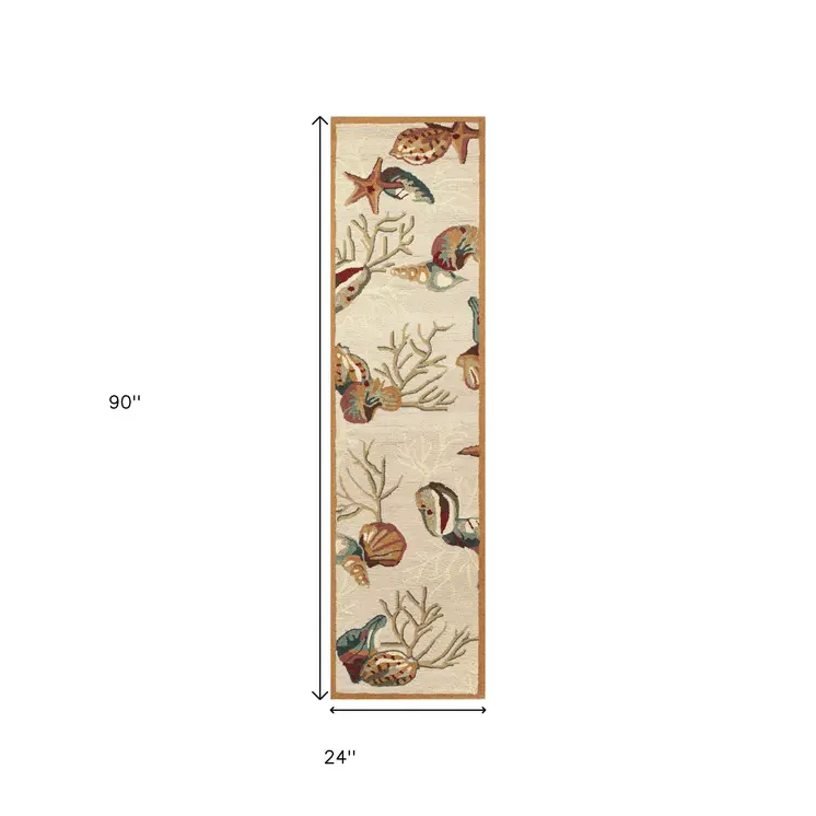 8' Beige Seashell and Coral Hand Tufted Runner Rug