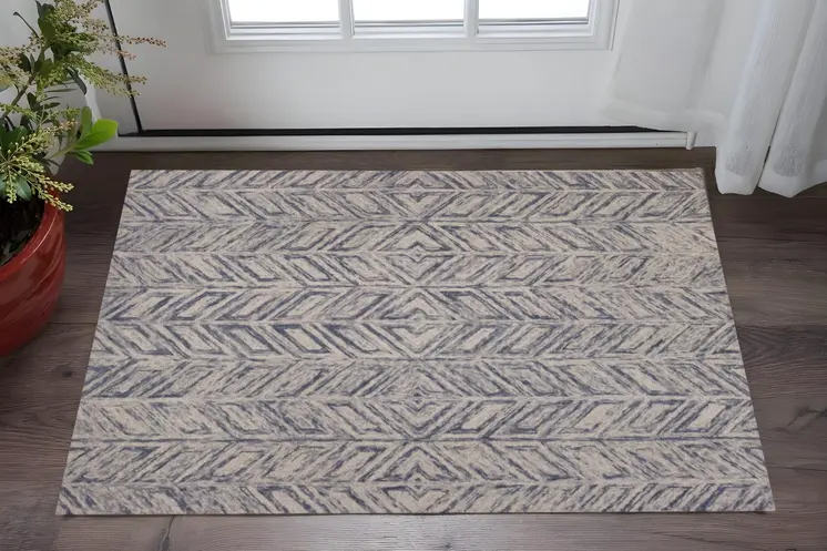 3' X 5' Blue And Beige Wool Abstract Hand Tufted Area Rug