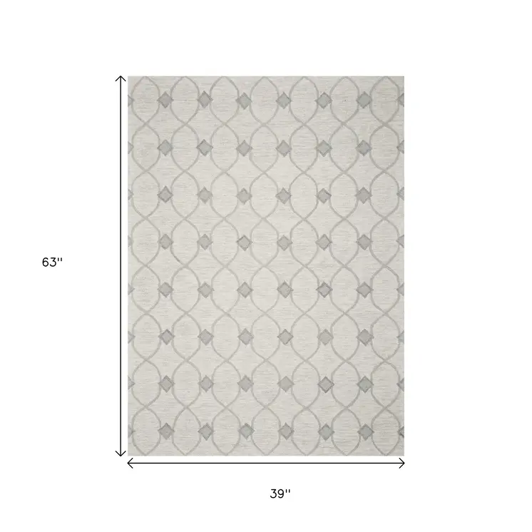 3' X 5' Ivory And Gray Wool Ogee Hand Tufted Area Rug