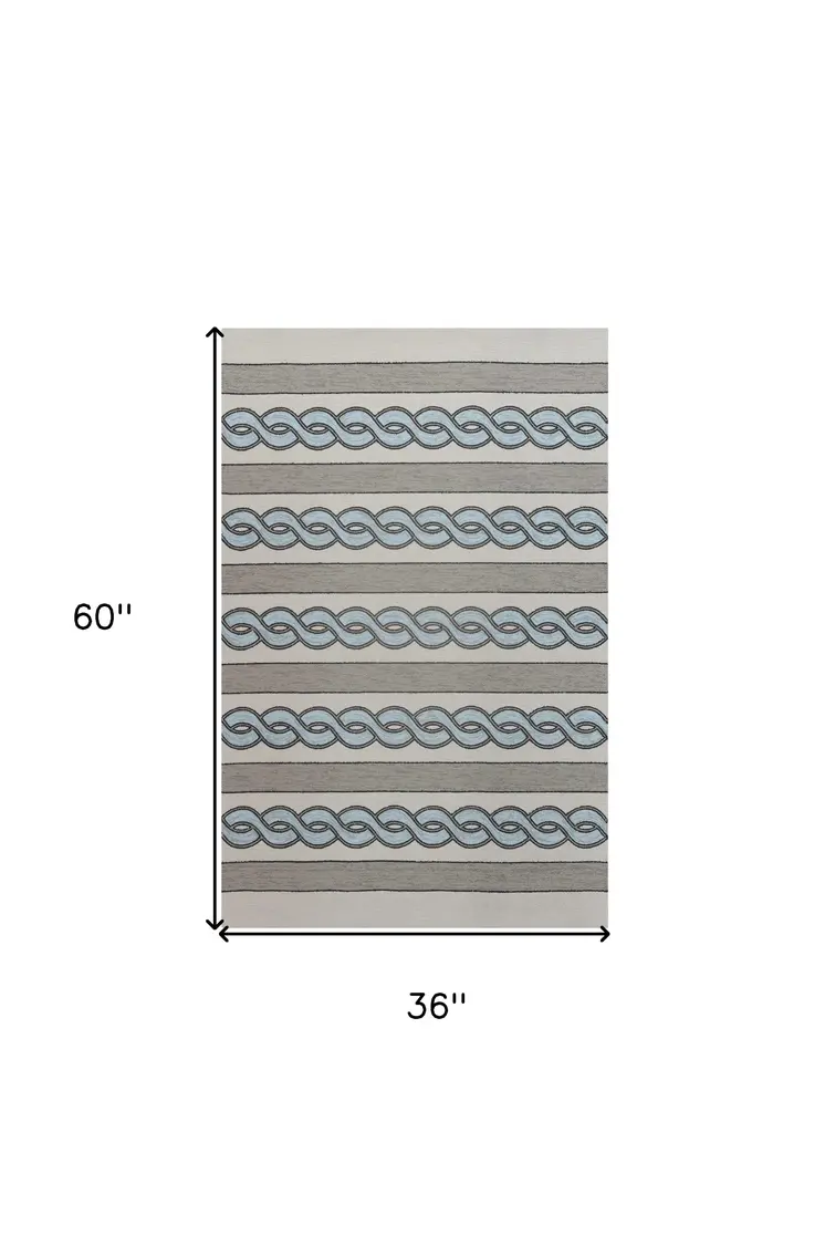 3' X 5' Ivory Geometric Hand Hooked Worn/Fade Area Rug