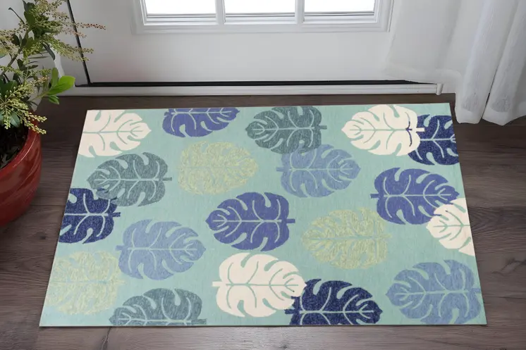 3' X 5' Turquoise Botanical Leaves Hand Tufted Area Rug