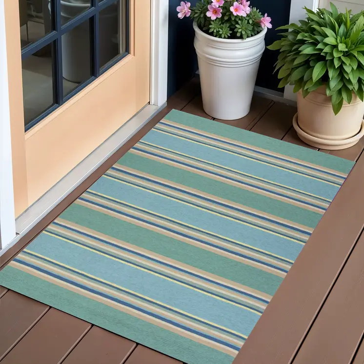 3' X 5' Blue Striped Handmade Indoor Outdoor Area Rug