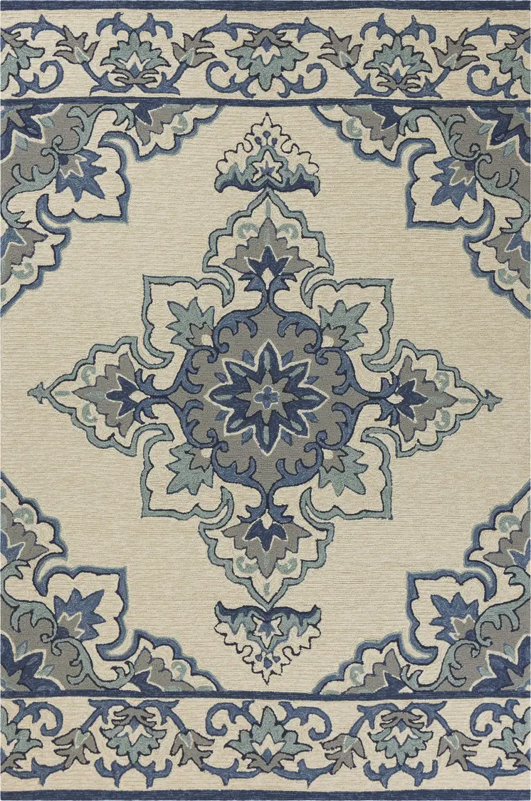 3' X 5' Ivory and Blue Damask Handmade Indoor Outdoor Area Rug