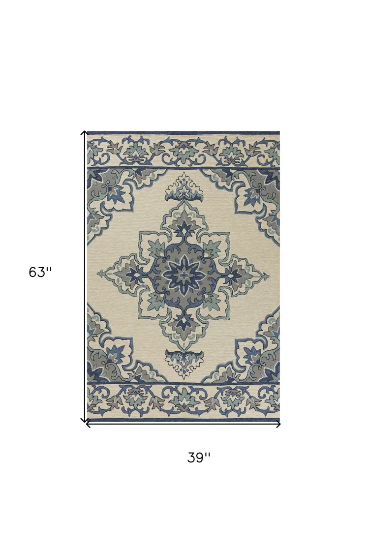 3' X 5' Ivory and Blue Damask Handmade Indoor Outdoor Area Rug