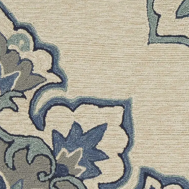 3' X 5' Ivory and Blue Damask Handmade Indoor Outdoor Area Rug
