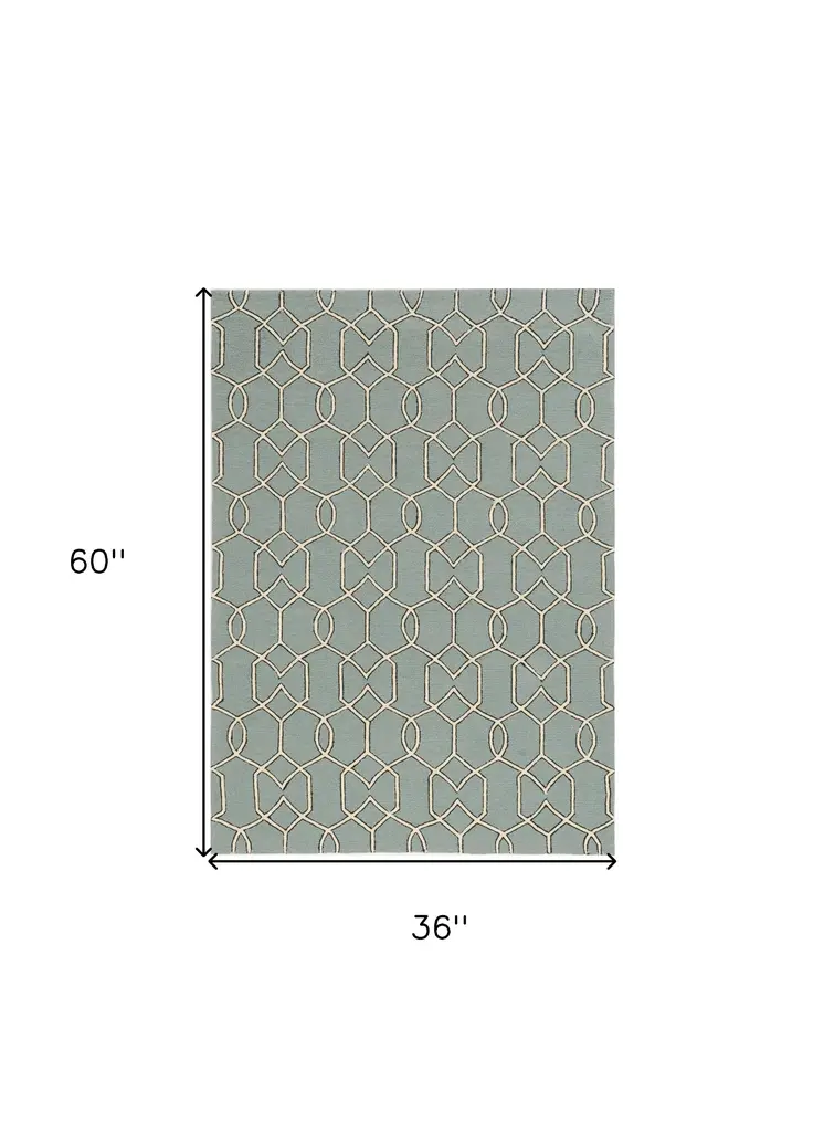 3' X 5' Green And Ivory Geometric Hand Hooked Area Rug