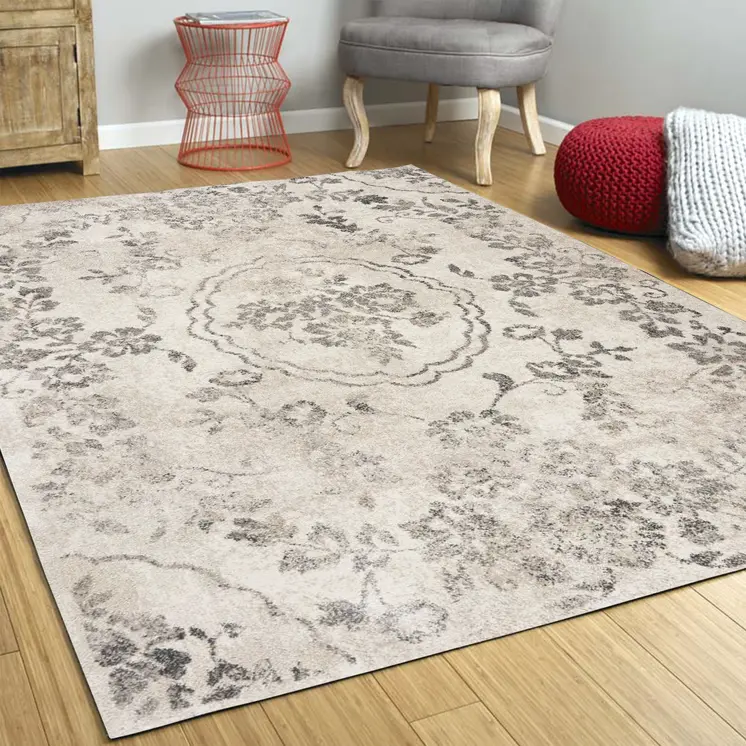 3' X 5' Gray Floral Vines Distressed Area Rug