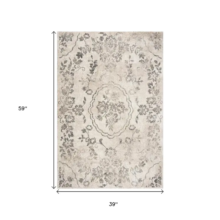 3' X 5' Gray Floral Vines Distressed Area Rug