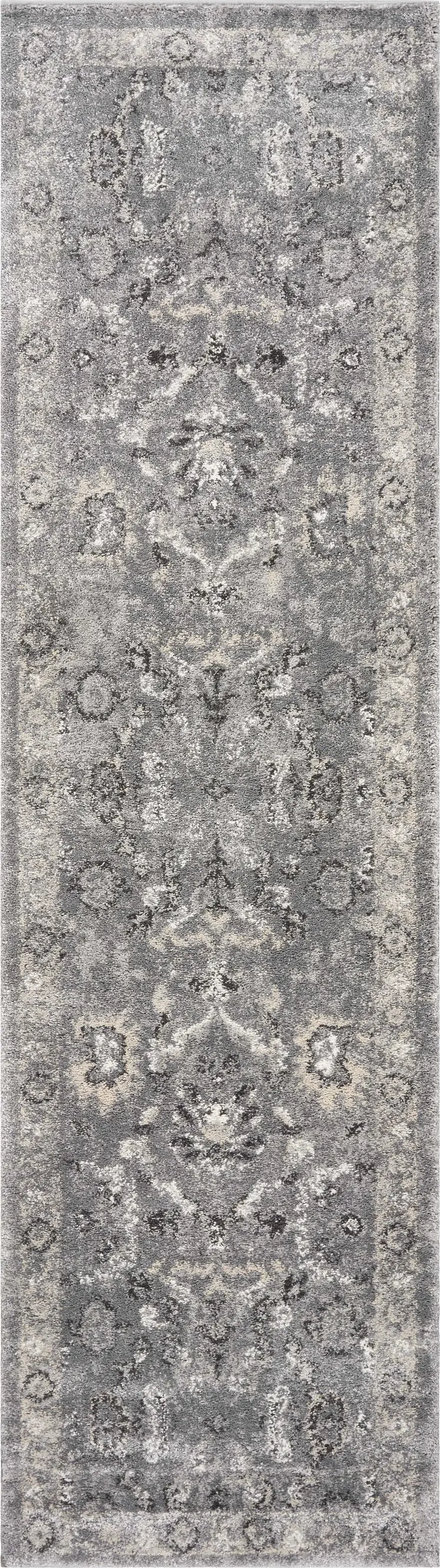 7' Gray Floral Worn Faded Runner Rug