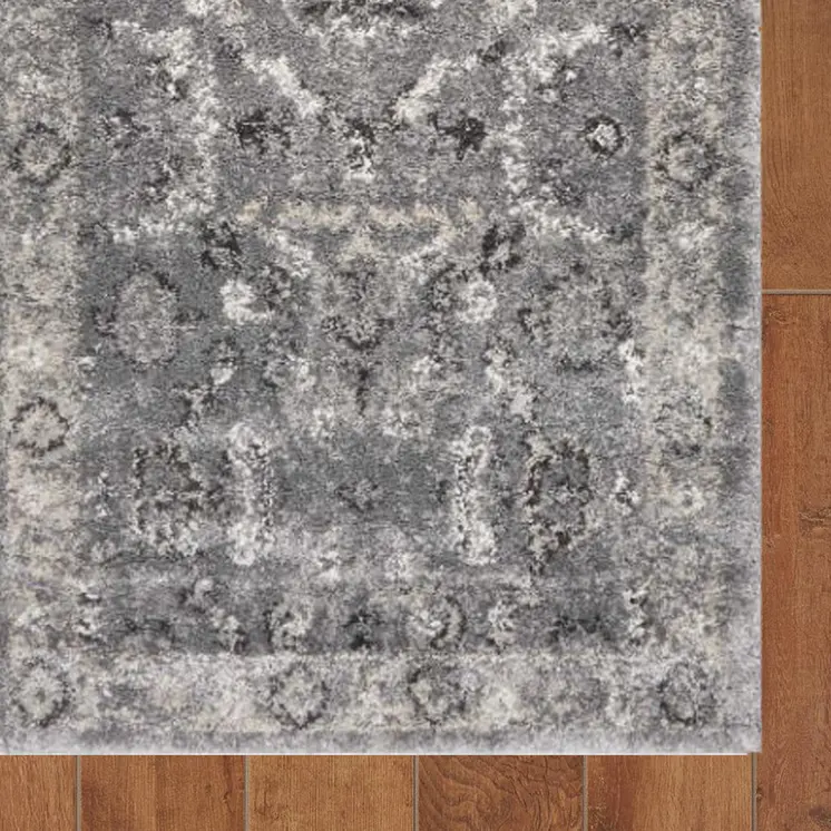 7' Gray Floral Worn Faded Runner Rug